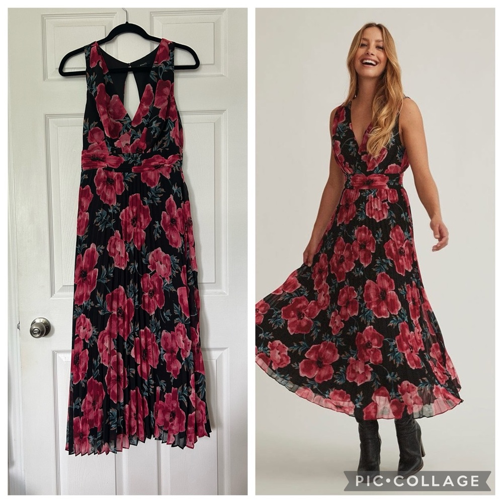 Floral Pleated Sleeveless Maxi Dress - Black and Pink RW & Co